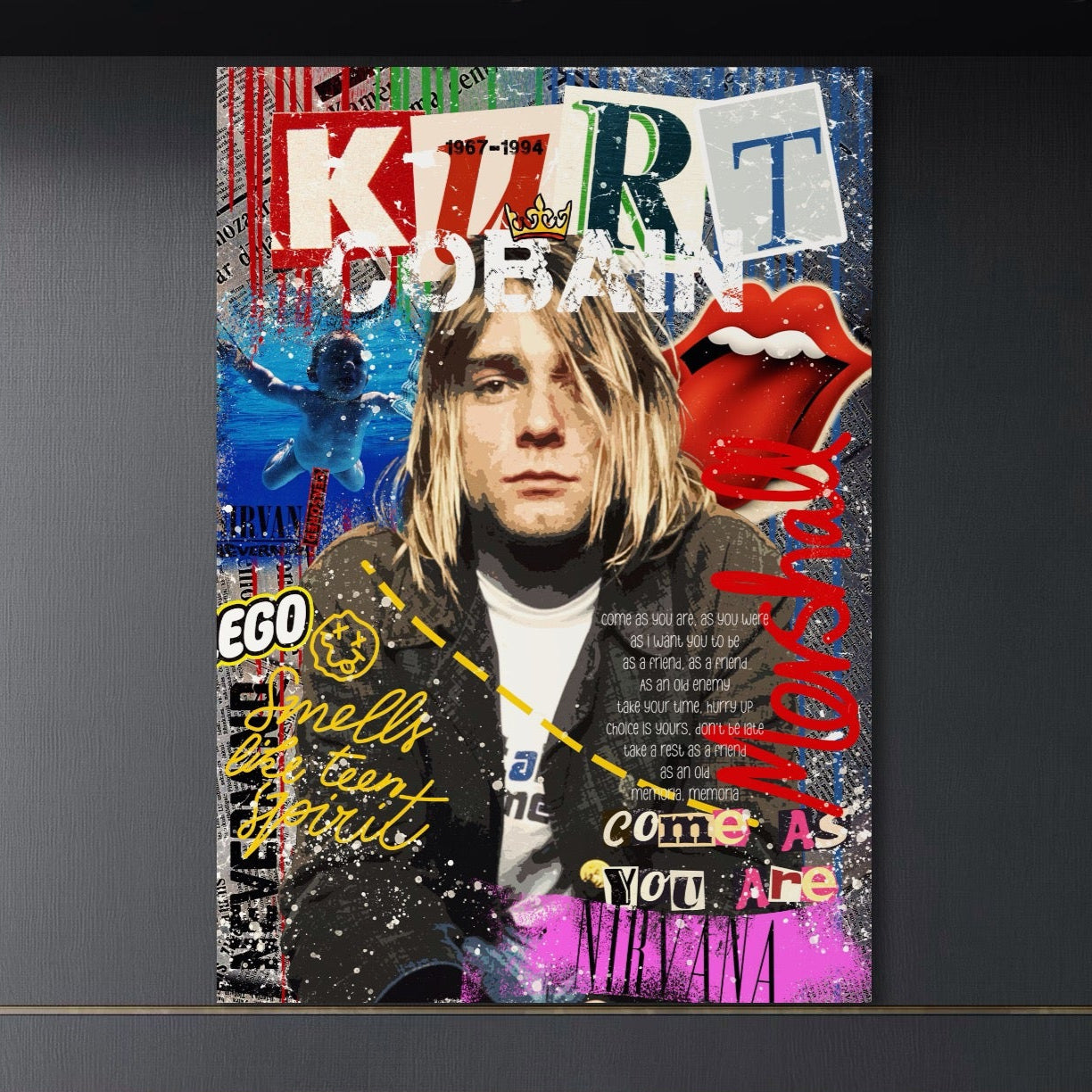 Tablou Canvas Premium LuxCanva® A1016, Kurt Donald Cobain , Decorativ, Cantaret, Chitarist, Rock Star, Culori Vibrante