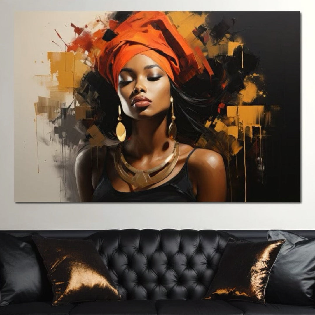Tablou Canvas Premium LuxCanva® G1007, Gratia Unei Zeite , Turban, Rosu, Accesorii, Auriu, Africa, Bijuterii, Femeie, Living, Dormitor, Culori vibrante
