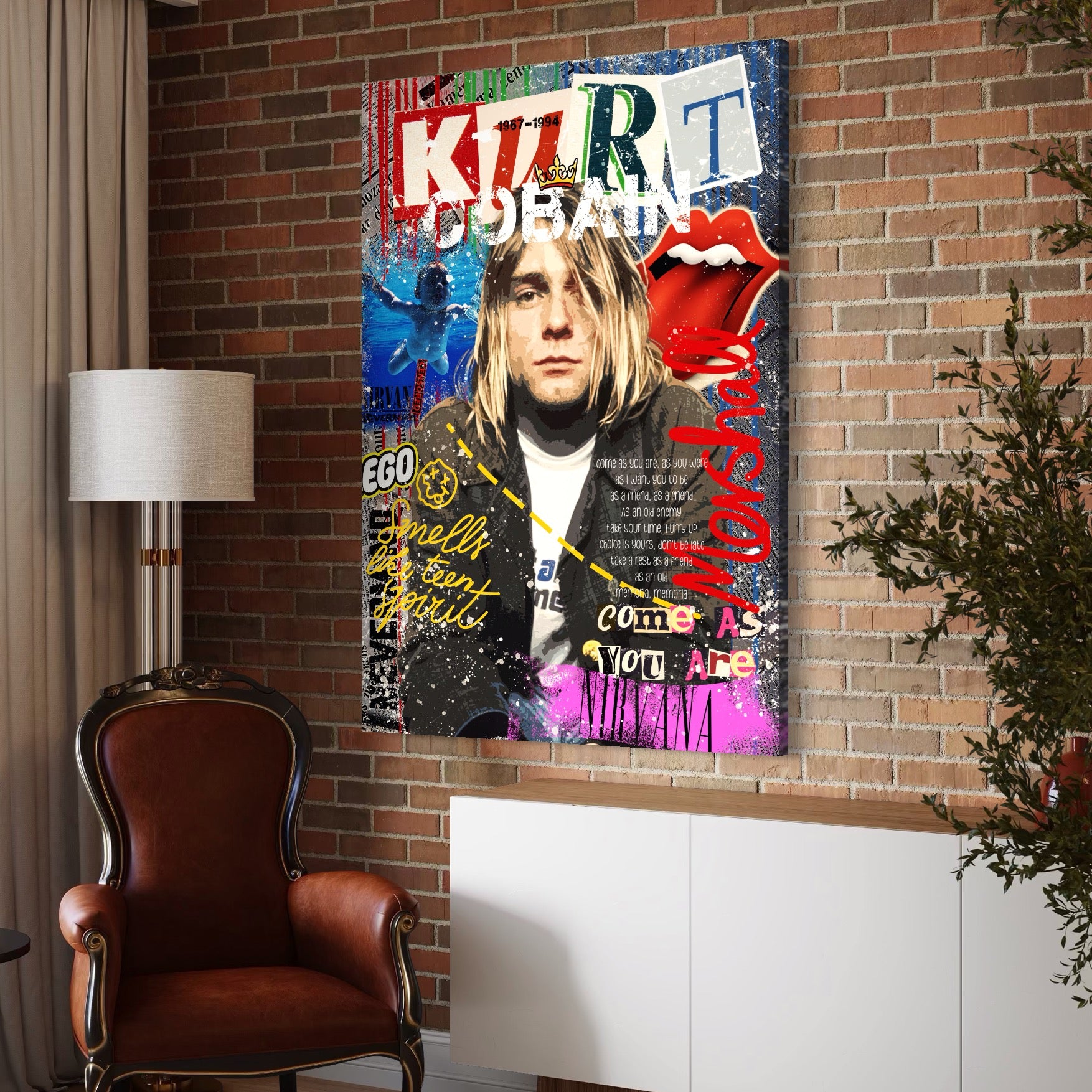 Tablou Canvas Premium LuxCanva® A1016, Kurt Donald Cobain , Decorativ, Cantaret, Chitarist, Rock Star, Culori Vibrante