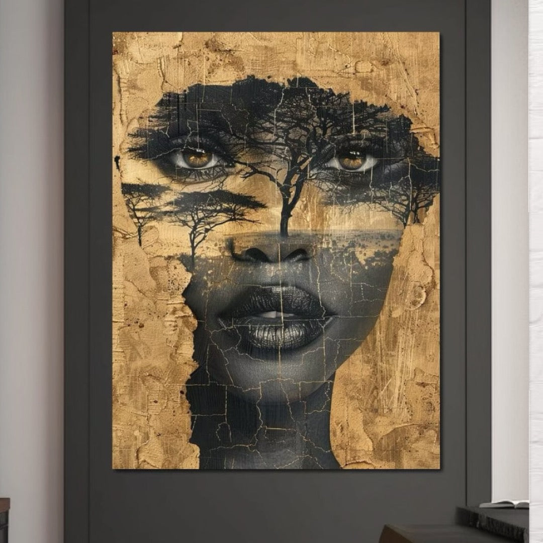 Tablou Canvas Premium LuxCanva® G1008, Chipul Africii , Natura, Copaci, Pamant, Privire, Simbolism, Femeie, Living, Dormitor, Culori vibrante