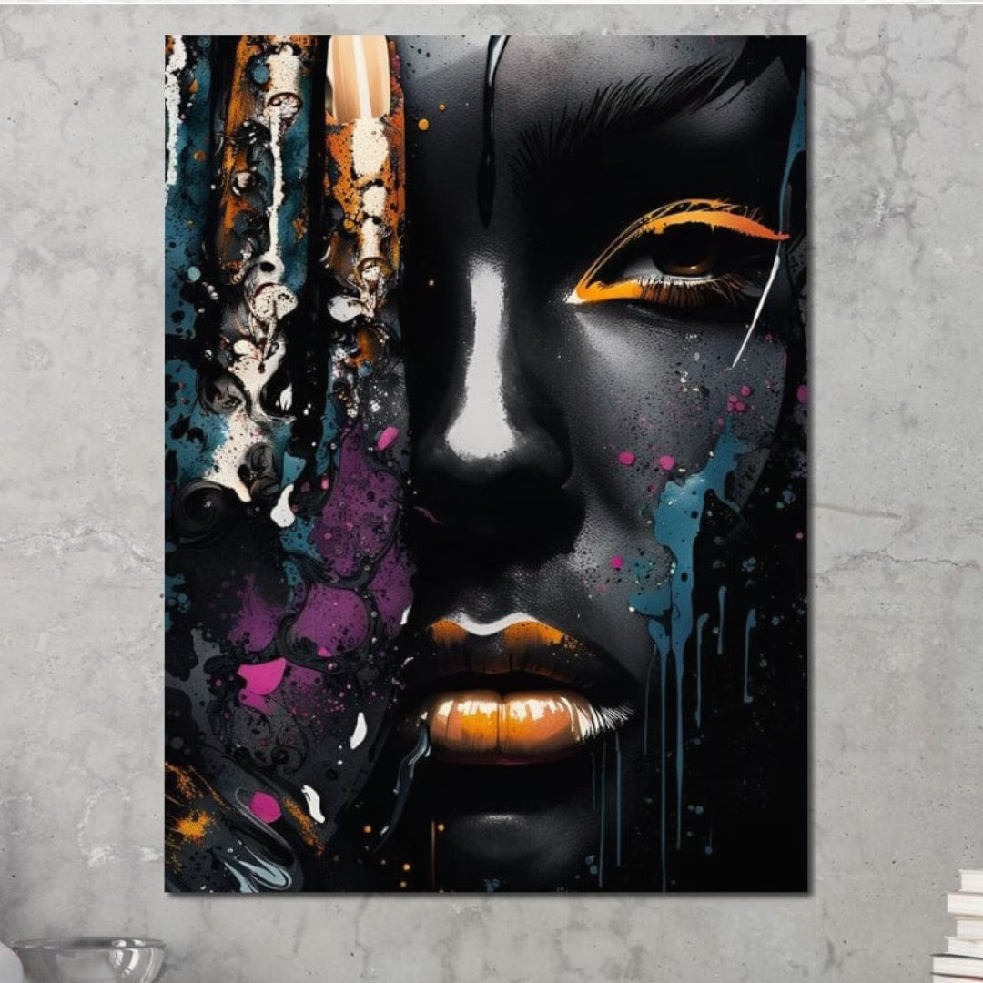 Tablou Canvas Premium LuxCanva® G1009, Pasiune in Picaturi de Arta , Negru, Metalic, Ochi, Enigmatic, Street Art, Living, Dormitor, Culori vibrante