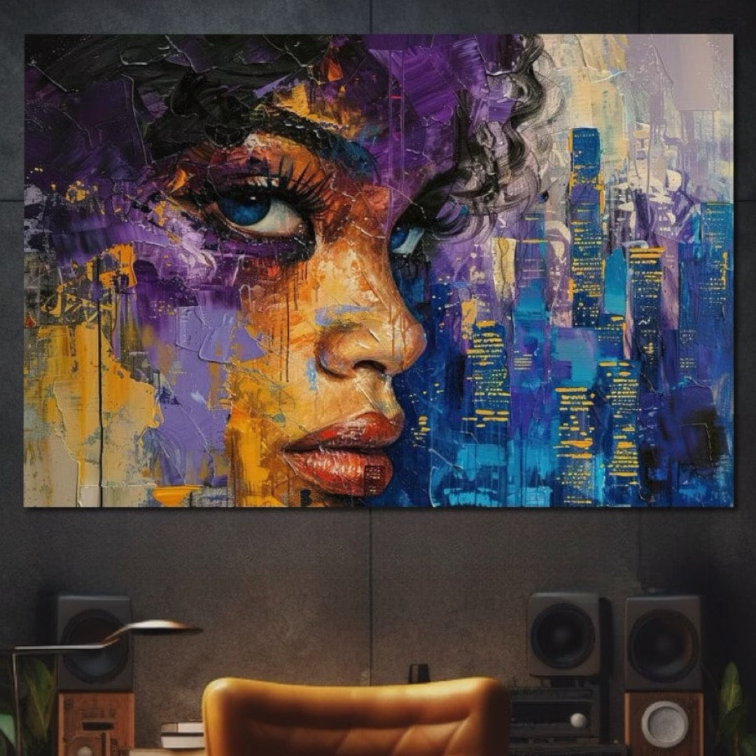 Tablou Canvas Premium LuxCanva® G1010, Femeia si Lumina Orasului , Urban, Metropola, Privire, Femeie, Violet, Living, Dormitor, Culori vibrante