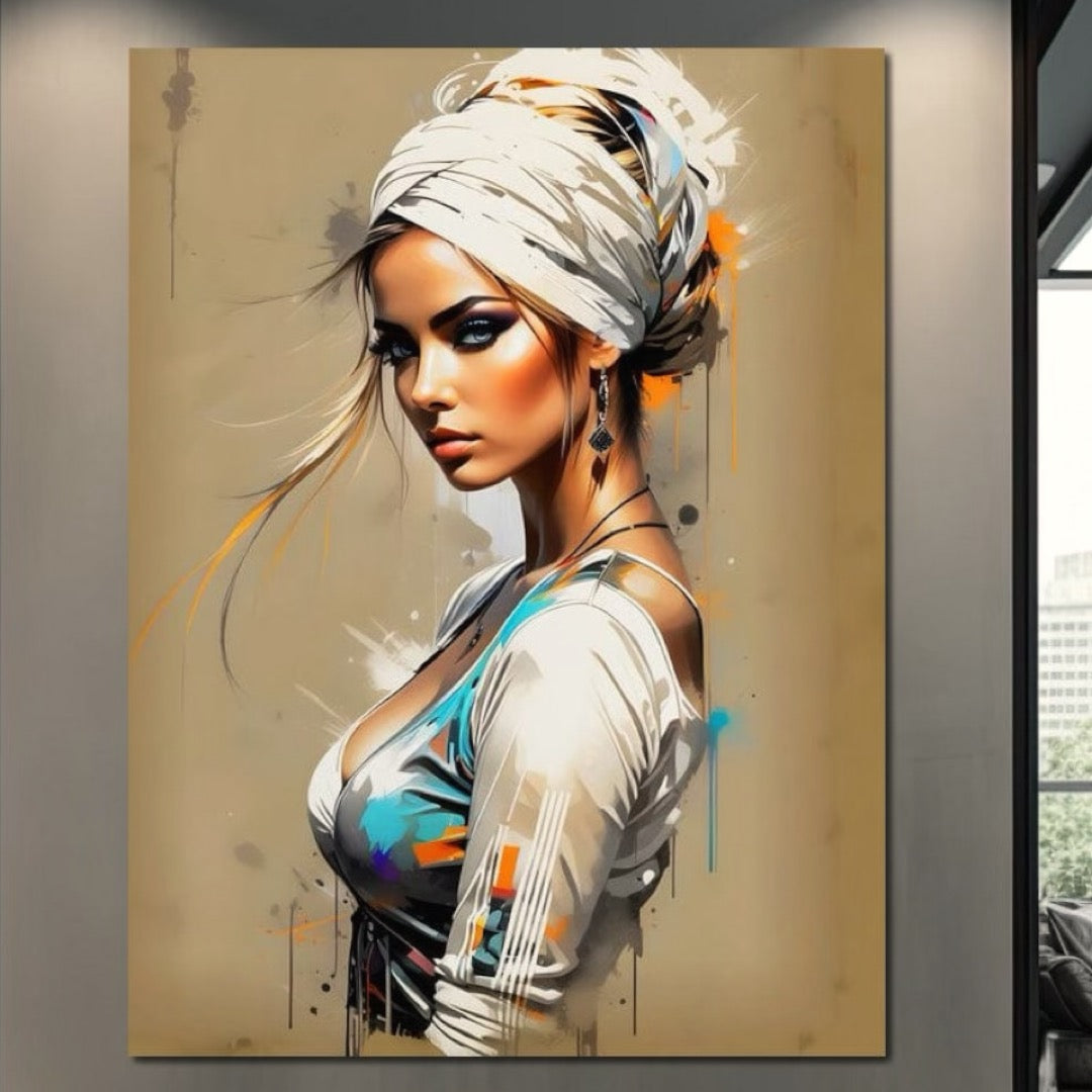 Tablou Canvas Premium LuxCanva® G1011, Regina Desertului , Libertate, Atemporal, Privire, Nisip, Turban, Alb, Living, Dormitor, Culori vibrante