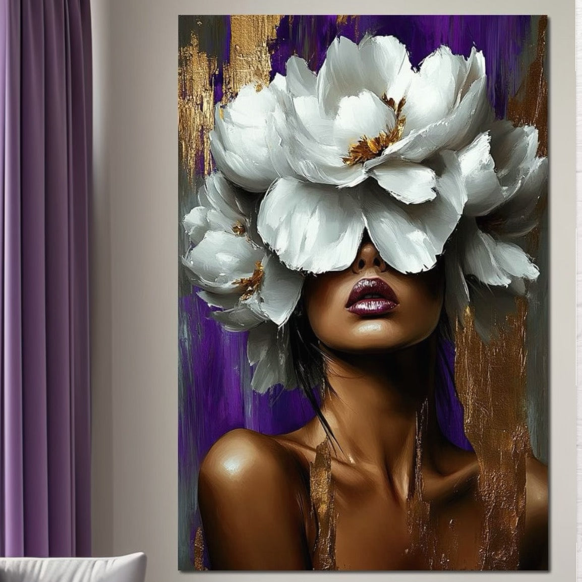 Tablou Canvas Premium LuxCanva® G1012, Aura Florala a Femeii , Petale, Flori, Albe, Puritate, Eleganta, Salbatica, Aura, Regina, Living, Dormitor, Culori vibrante