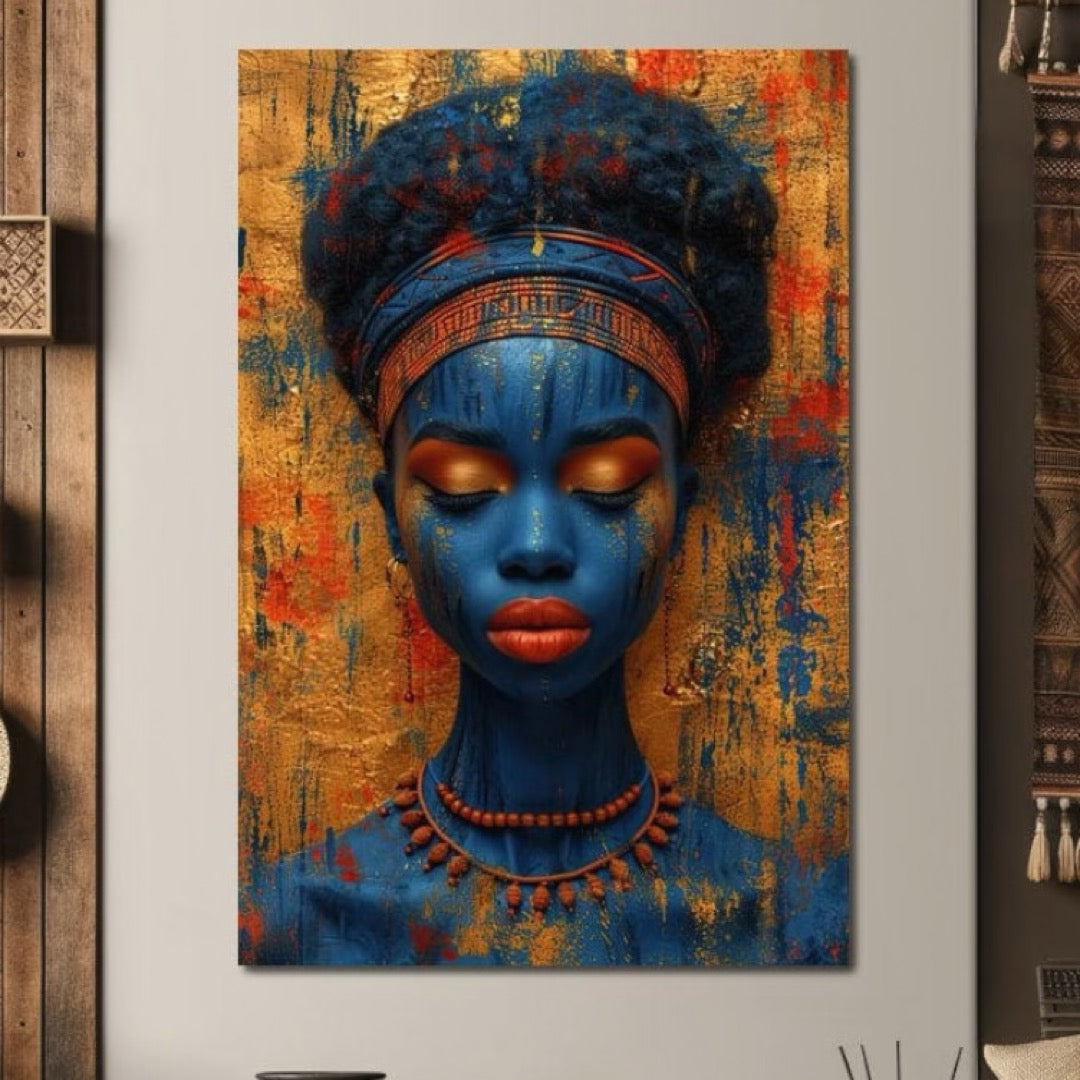 Tablou Canvas Premium LuxCanva® G1013, Frumusete Etnica , Albastru, Aur, Azur, Tribal, Feminism, Printesa, Living, Dormitor, Culori vibrante