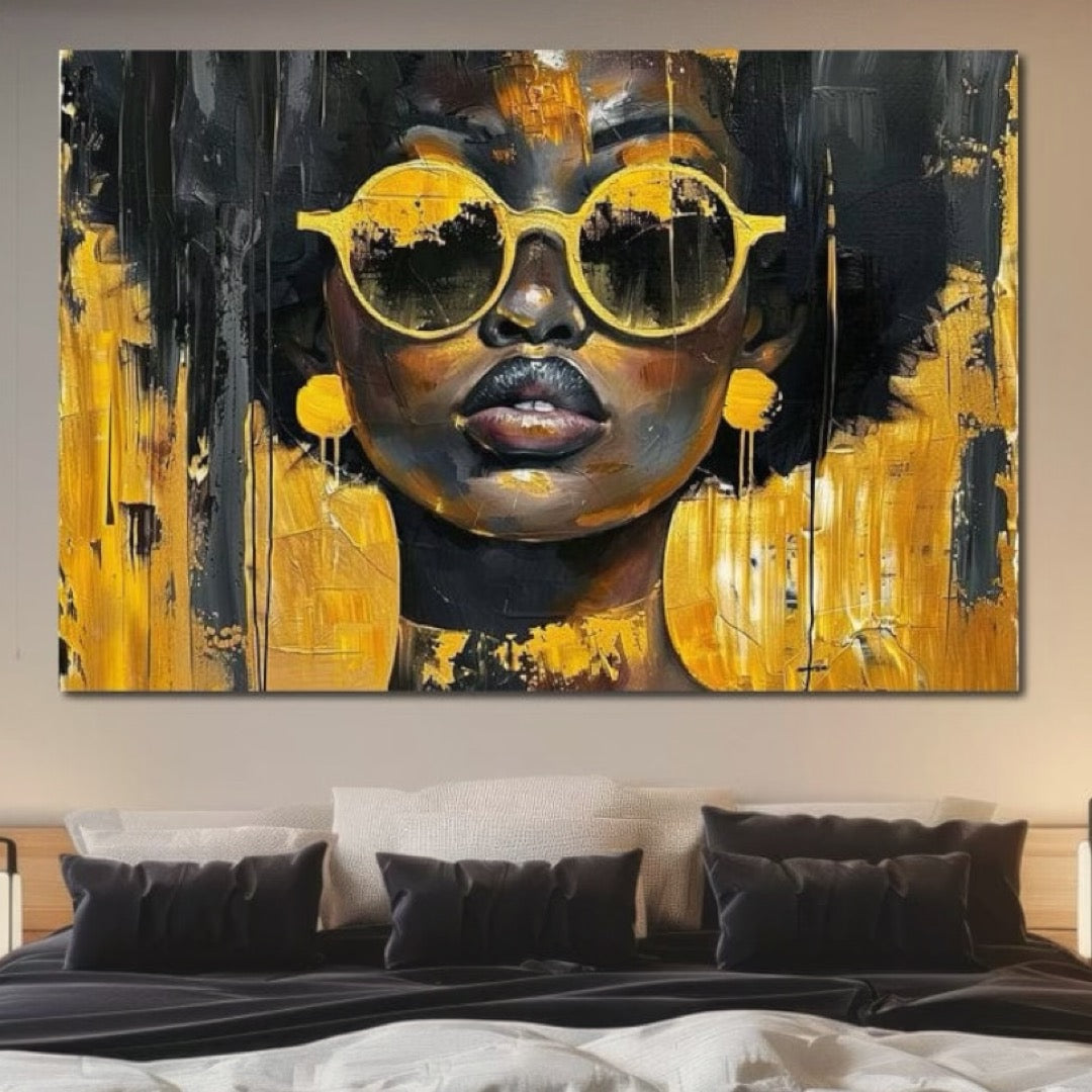 Tablou Canvas Premium LuxCanva® G1014, O Zeita Moderna , Afro, Urban, Modernitate, Galben, Ochelari de Soare, Stil, Living, Dormitor, Culori vibrante