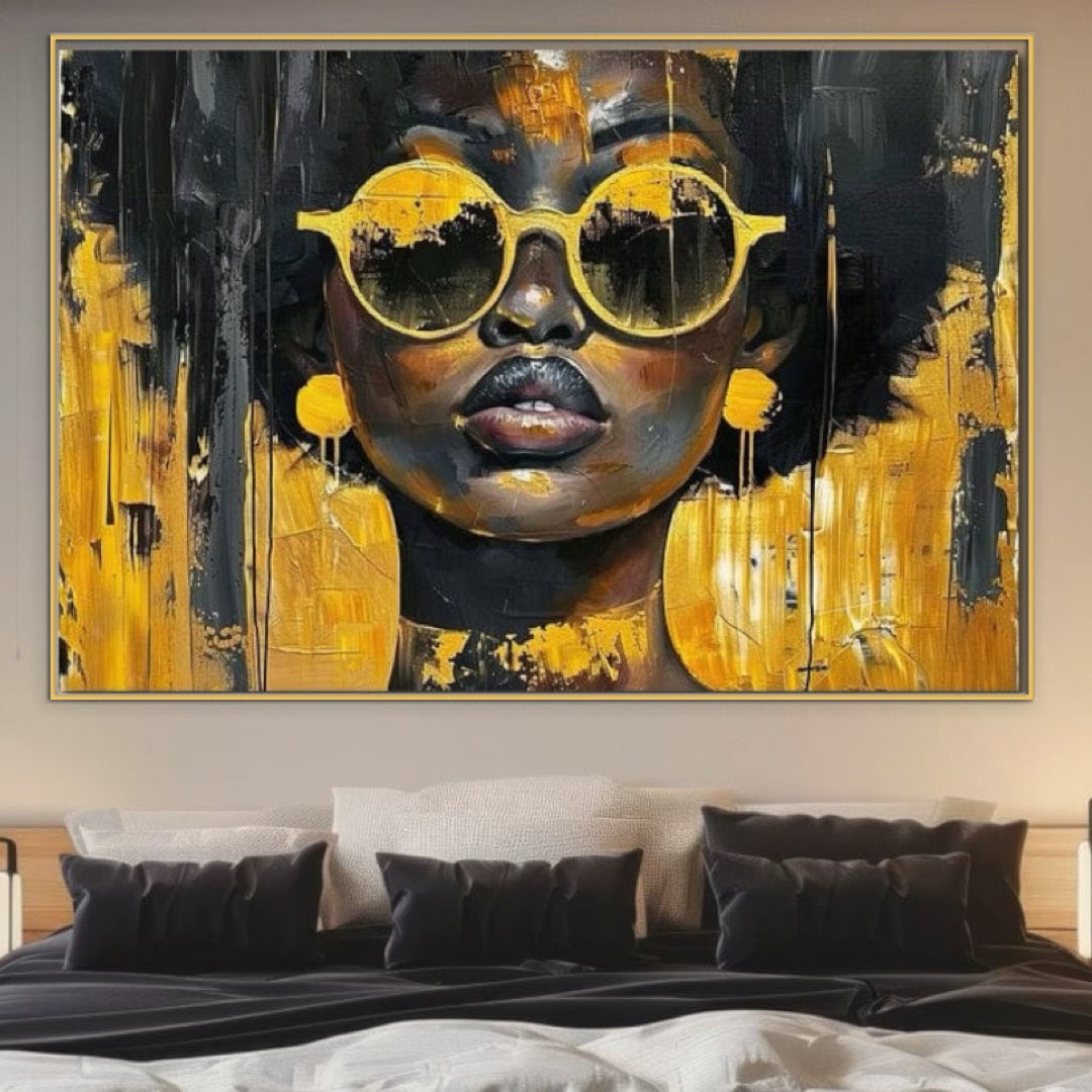 Tablou Canvas Premium LuxCanva® G1014, O Zeita Moderna , Afro, Urban, Modernitate, Galben, Ochelari de Soare, Stil, Living, Dormitor, Culori vibrante