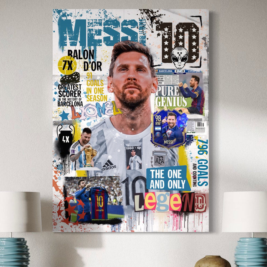 Adăugați o notă vibrantă spațiului dvs. cu Tablou Canvas Premium LuxCanva® A1010-Lionel Messi în acțiune, trofee și momente importante precum Ballon d'Or și 796 de goluri. Print de calitate premium de la LuxCanva®, perfect pentru adevărații fani ai fotbalului.
