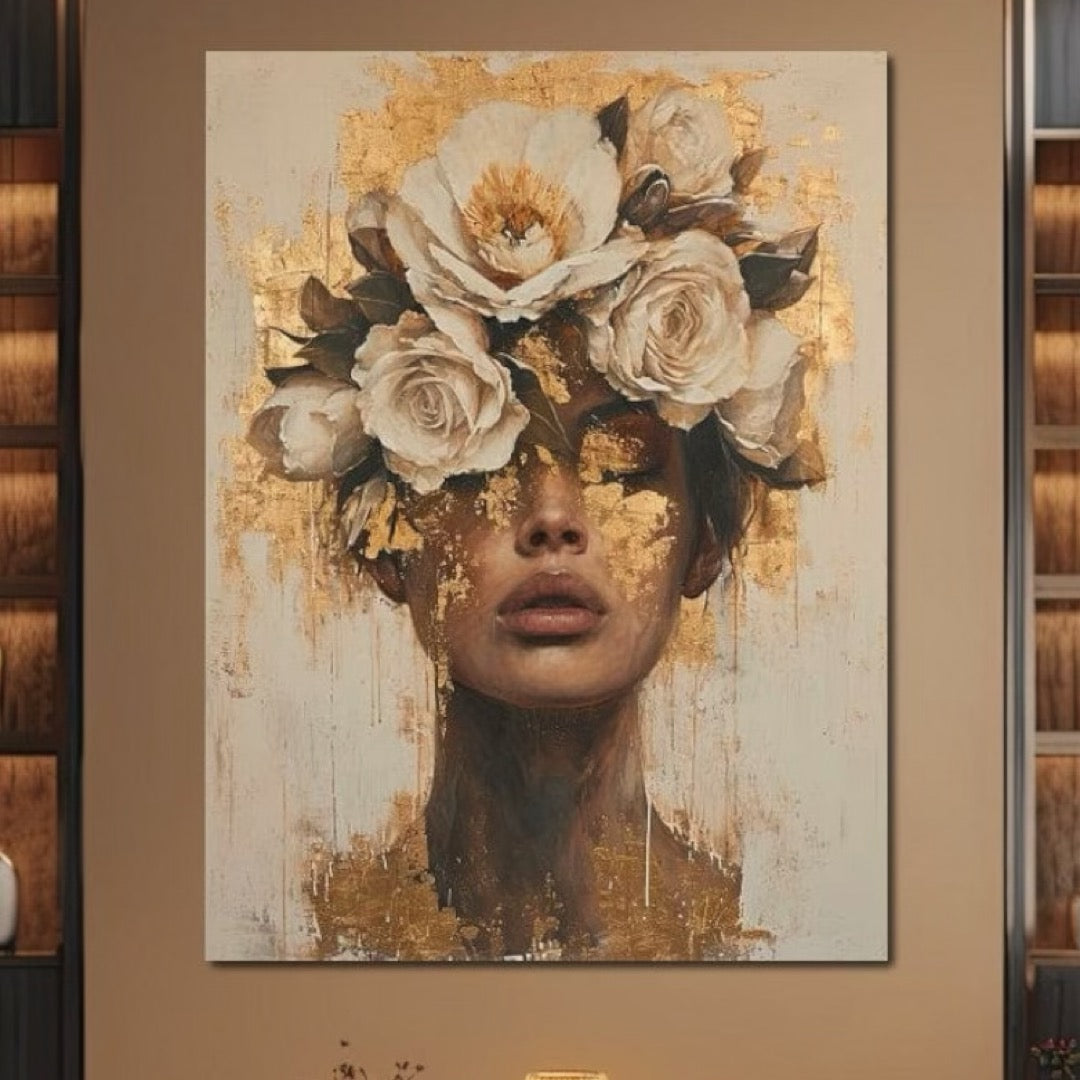 Tablou Canvas Premium LuxCanva® G1020, Metamorfoza Feminitatii , Visare, Flori, Misterioasa, Gold, Suflet, Ganduri, Portret, Living, Dormitor, Culori vibrante