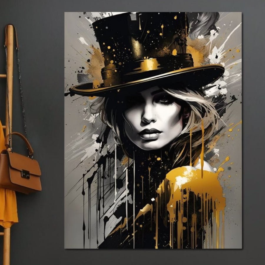 Tablou Canvas Premium LuxCanva® G1021 "Palaria Destinului": portret modern de femeie cu joben negru, detalii abstracte în negru, gri și auriu, ideal pentru living sau dormitor, afișat pe perete gri lângă o geantă maro pe cuiere din lemn.