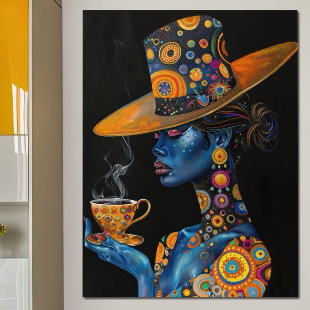 Tablou Canvas Premium LuxCanva® G1022, Eleganta Interstelara , Cosmic, Feminitate, Hipnotic, Ceasca, Cafea, Ceai, Palarie, Living, Dormitor