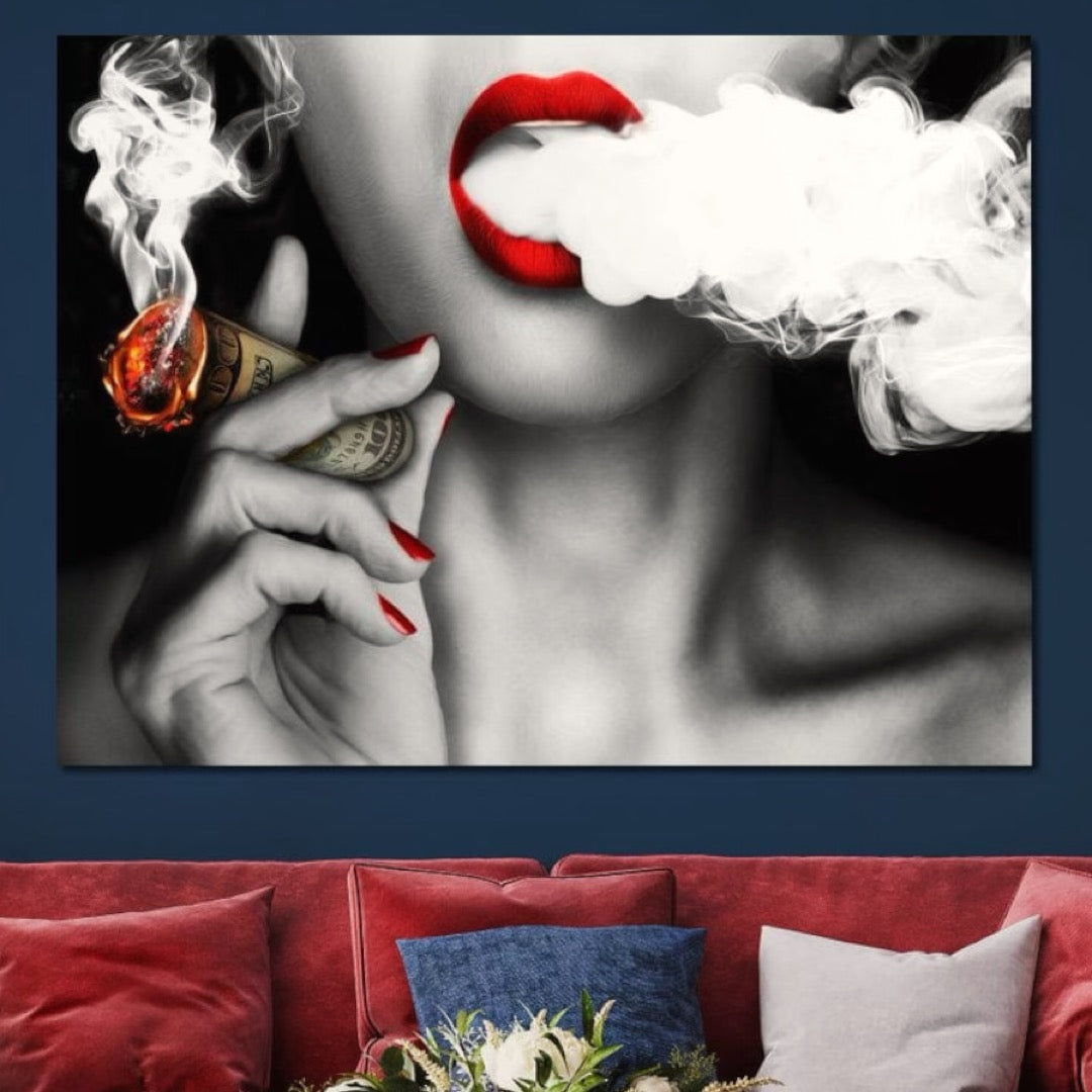 Tablou Canvas Premium LuxCanva® G1028, Bani, Fum si Dorinta ,  Bani, Extravagant, Fum, Buze, Tigara, Interzis, Seductie, Rosii, Living, Dormitor