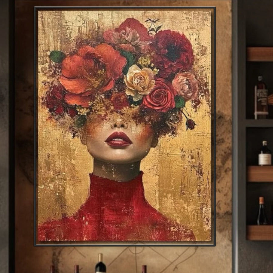 Tablou Canvas Premium LuxCanva® G1029: portret modern cu o femeie în rochie roșie, buze roșii și ochii ascunși de un buchet vibrant de trandafiri pe fund auriu texturat. Ideal pentru living sau dormitor.