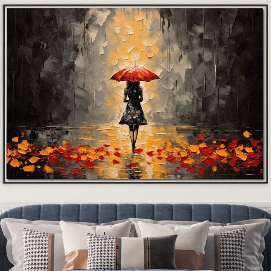 Tablou Canvas Premium LuxCanva® G1033, "Singura Toamna", prezintă o femeie cu o umbrelă roșie pe o cărare presărată cu frunze, adăugând eleganță vibrantă și farmec de toamnă deasupra canapelei sau în dormitor. Ideal pentru interioarele moderne.