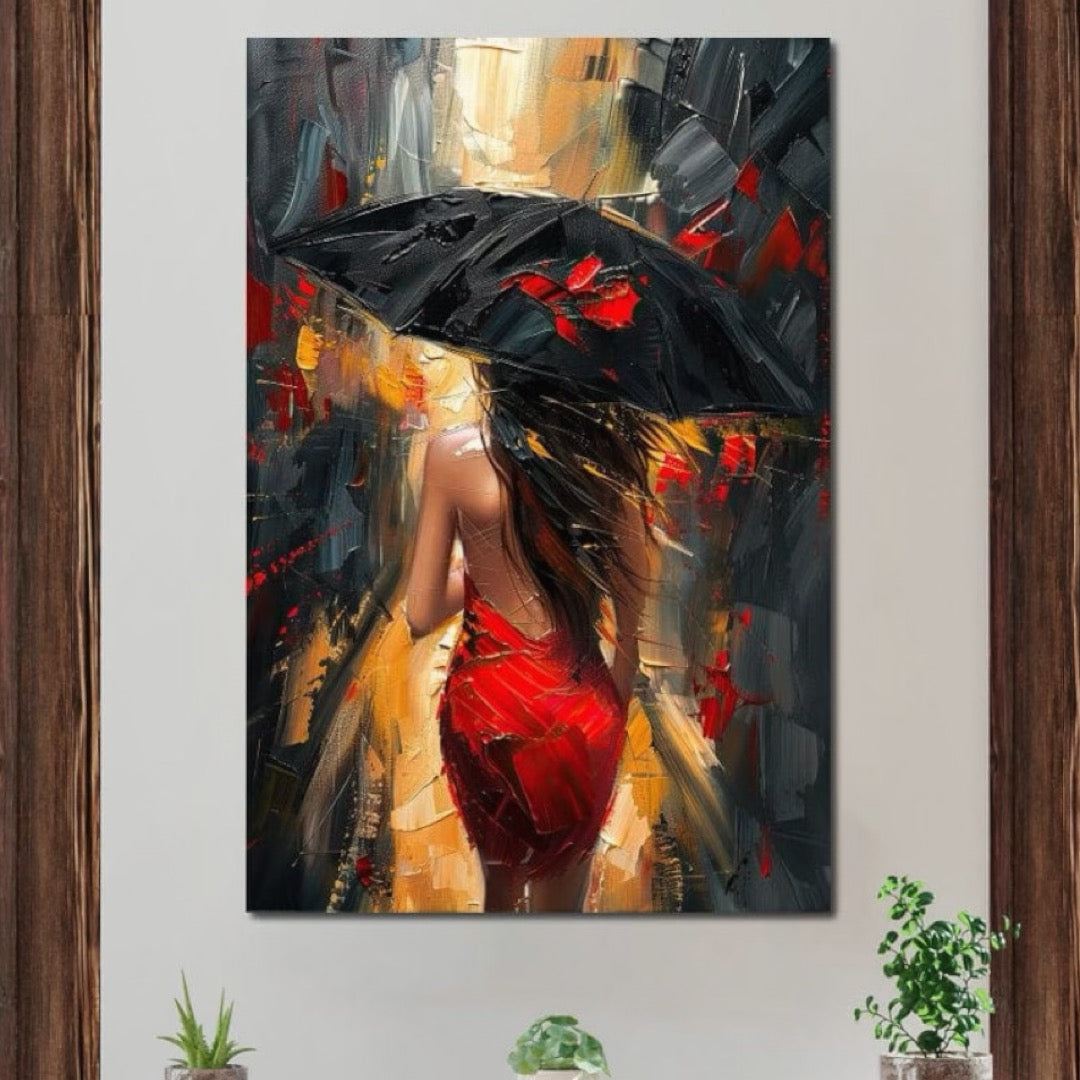 Tablou Canvas Premium LuxCanva® G1034, Pasi prin Furtuna ,  Ploaie, Oras, Feminitate, Pasiune, Modernitate, Par, Lung, Living, Dormitor, Culori vibrante