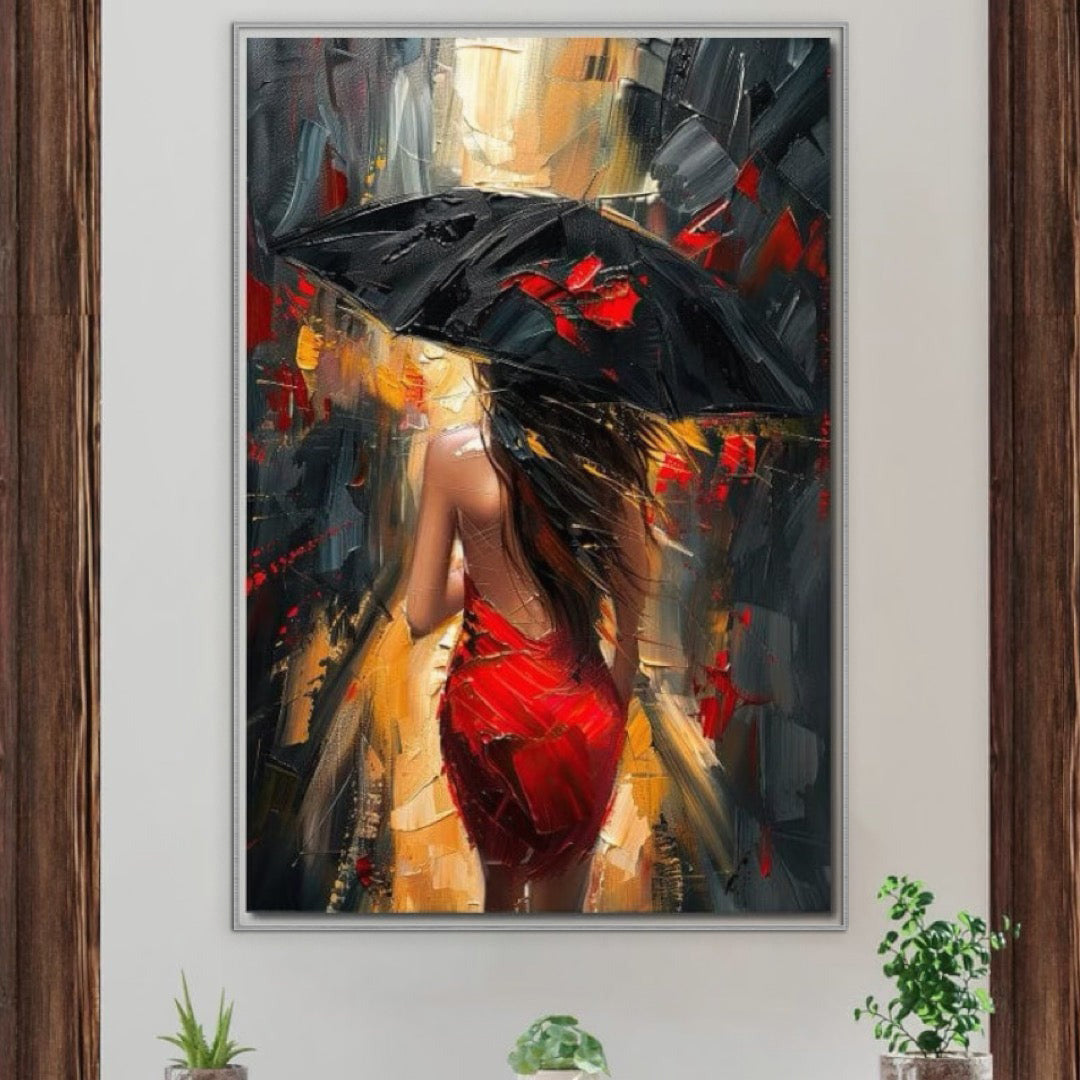 Leinwandbilder Premium LuxCanva® G1034, Schritte im Sturm , Regen, Stadt, Stadt, Weiblich, Leidenschaft, Modern, Haare, Lang, Lang, Wohnen, Schlafzimmer, Lebendige Farben