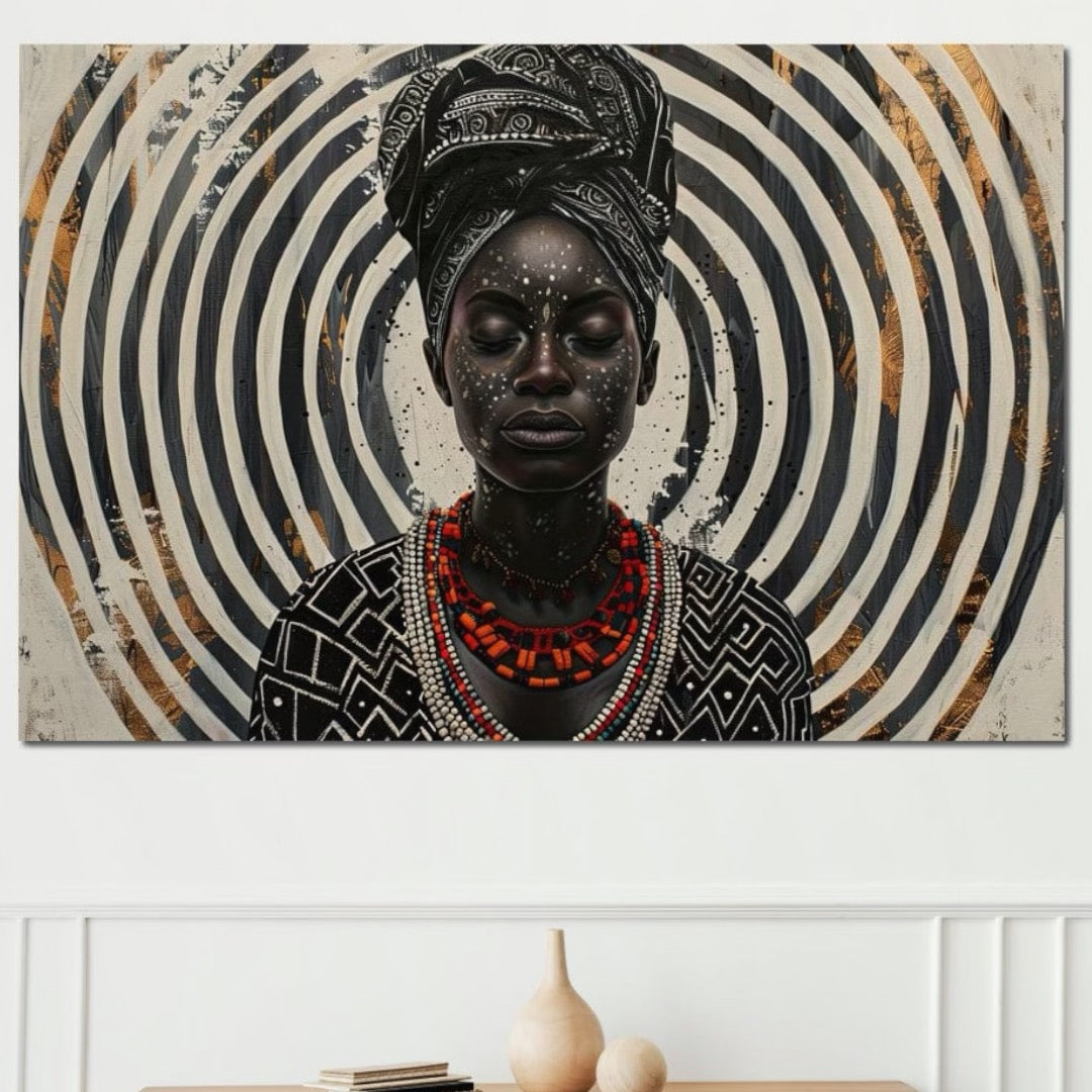 Tablou Canvas Premium LuxCanva® G1036, Regina Timpului , Ancestral, Spirala, Africa, Tribal, Geometrie, Turban, Living, Dormitor, Culori vibrante