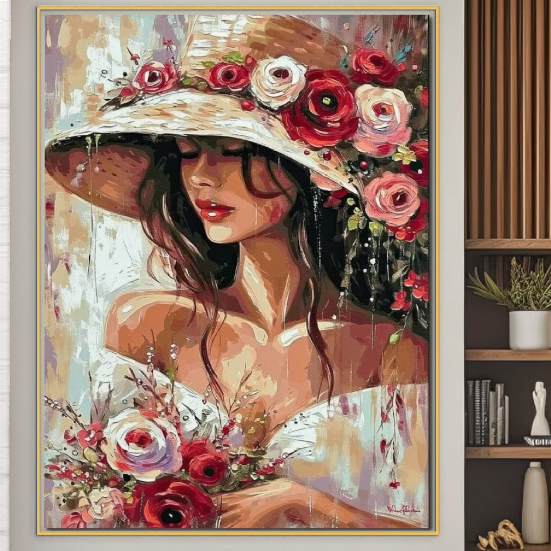 Leinwandbilder Premium LuxCanva® GV1050, Zärtlichkeit der Blumen, Eleganz, Hüte, Blumen, Kunst, Romantik, Portrait, Natur, künstlerisch, Sommer, Wohnen, Schlafzimmer