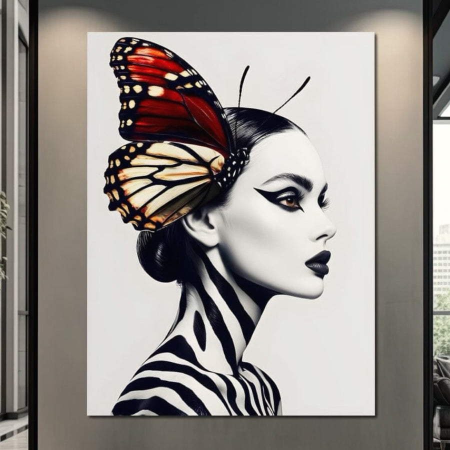 Tablou Canvas Premium LuxCanva® G1057 "Fluturele Noptii" - un decor modern cu femeie în profil, culori vibrante și motive de fluture, ideal pentru living sau dormitor. Imprimare de calitate, made in Romania.