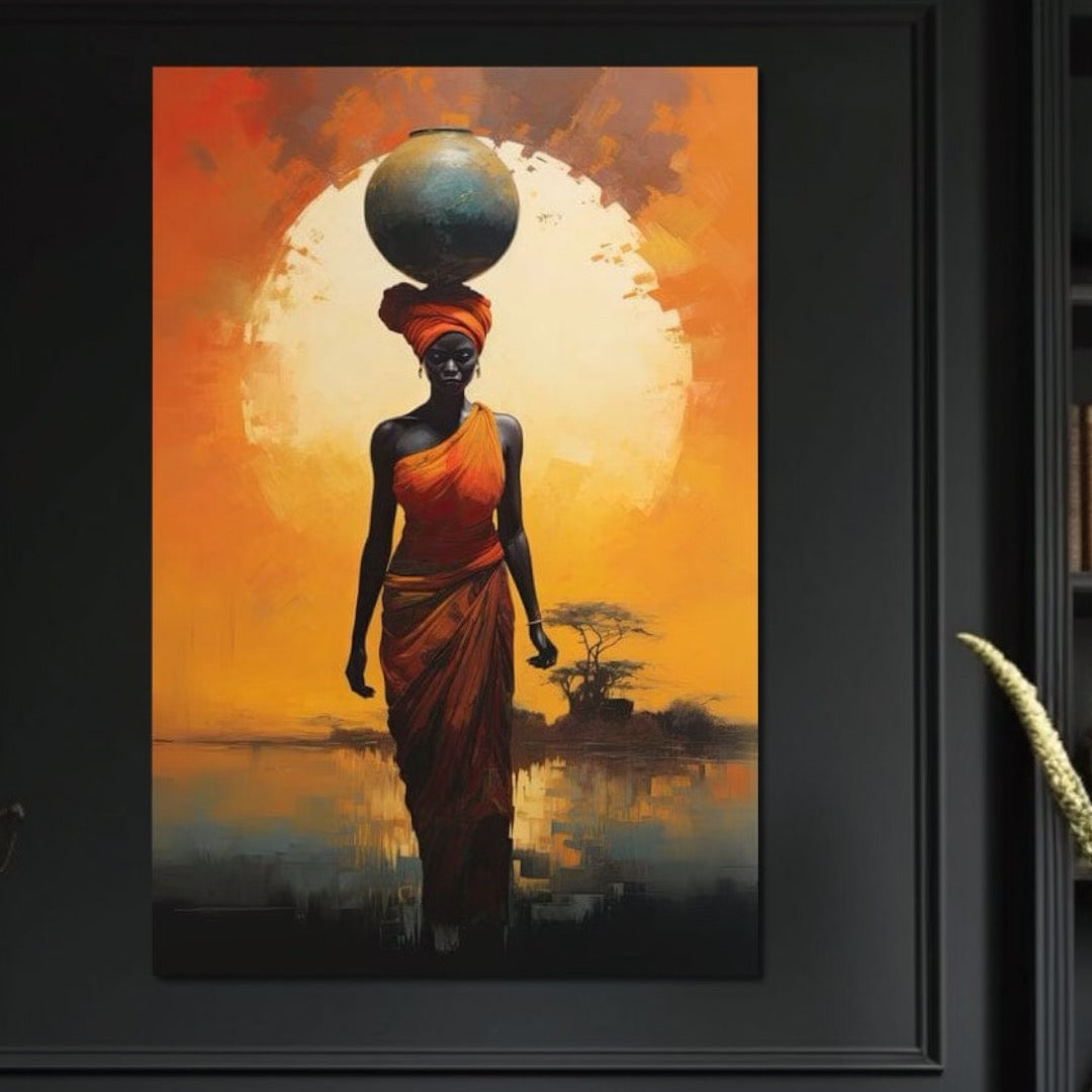 Tablou Canvas Premium LuxCanva® G1064, Sub Soarele Africii , Gratie, Forta, Drum, Apus, Silueta, Putere, Femeie, Portocaliu, Living, Dormitor