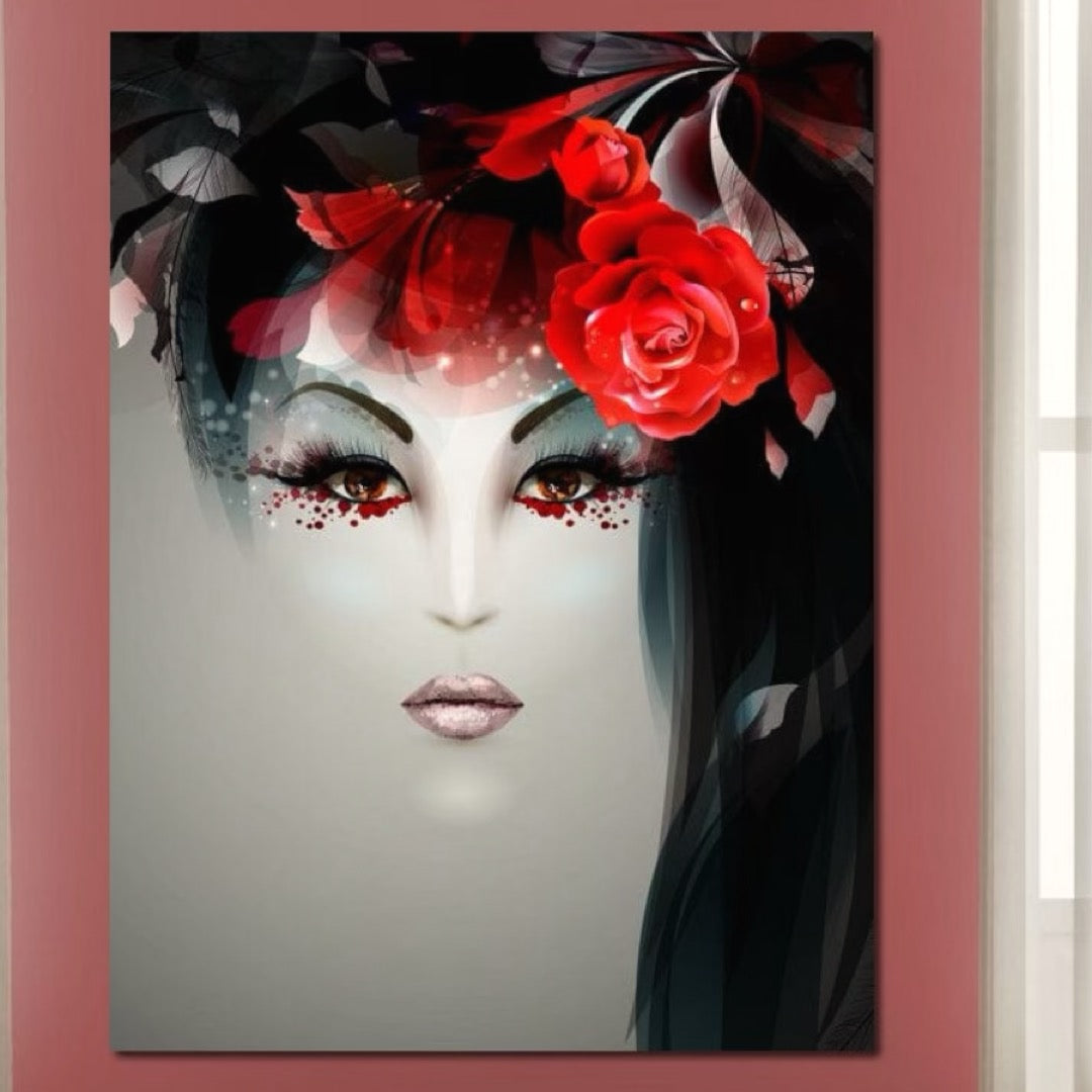 Tablou Canvas Premium LuxCanva® G1072, Taina Petalelor , Pictura, Trandafiri, Rosii, Mistic, Flori, Machiaj, Privire, Magie, Salon, Beauty, Living, Dormitor