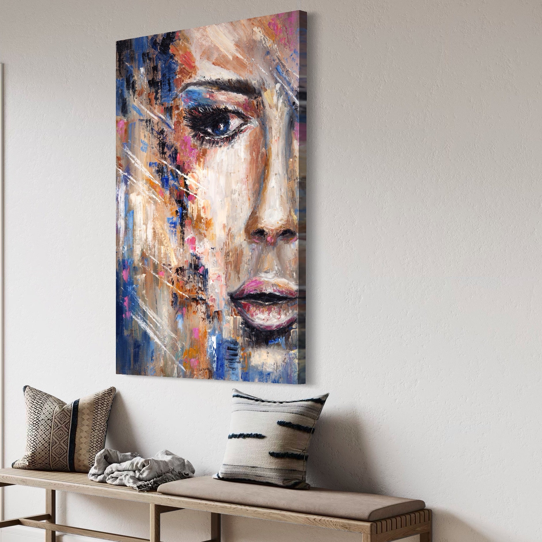 Tablou Canvas Premium LuxCanva® A1363, Portret Albastru , Living, Femeie, Chip, Multicolor, Frumusete, Dormitor, Culori Vibrante