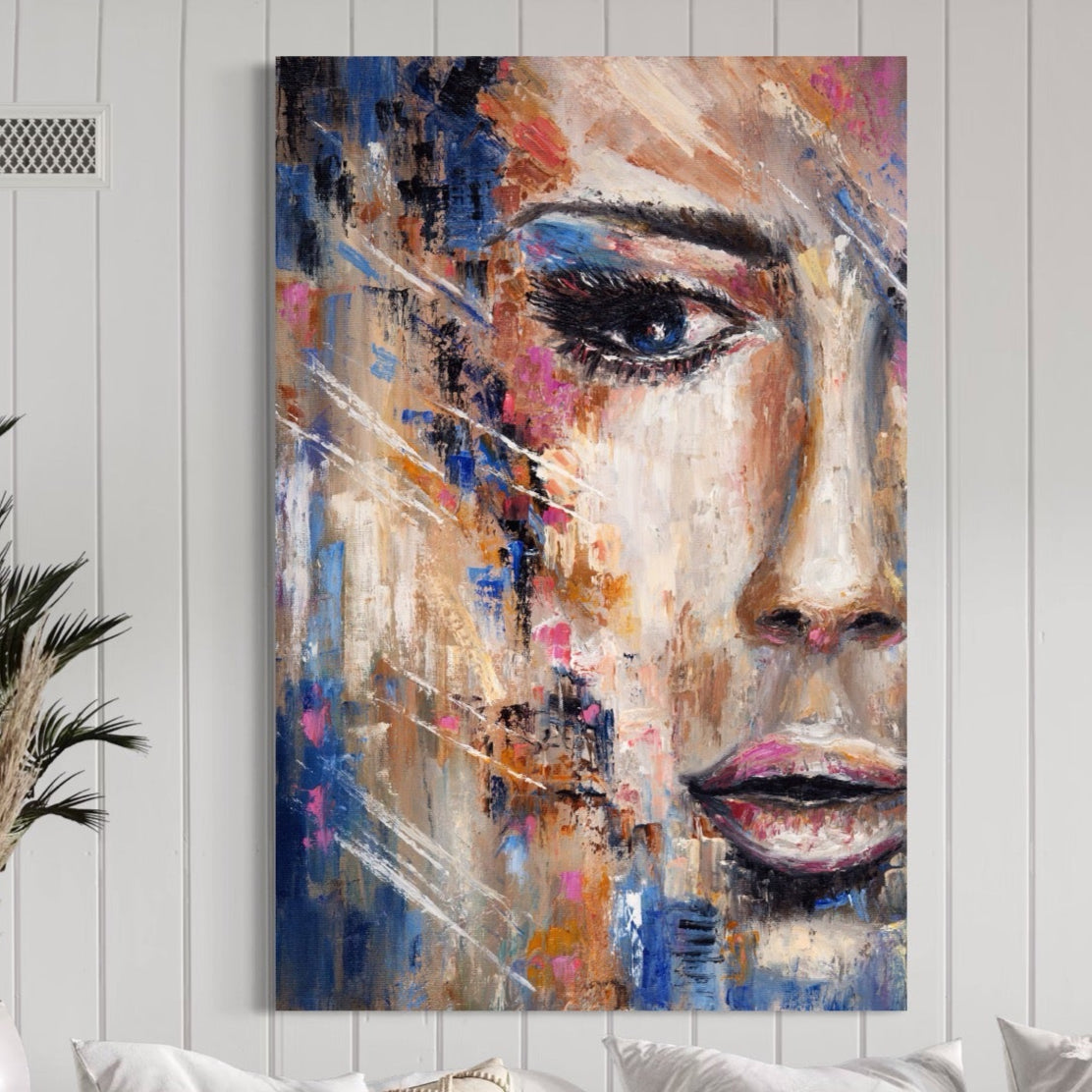Tablou Canvas Premium LuxCanva® A1363, Portret Albastru , Living, Femeie, Chip, Multicolor, Frumusete, Dormitor, Culori Vibrante