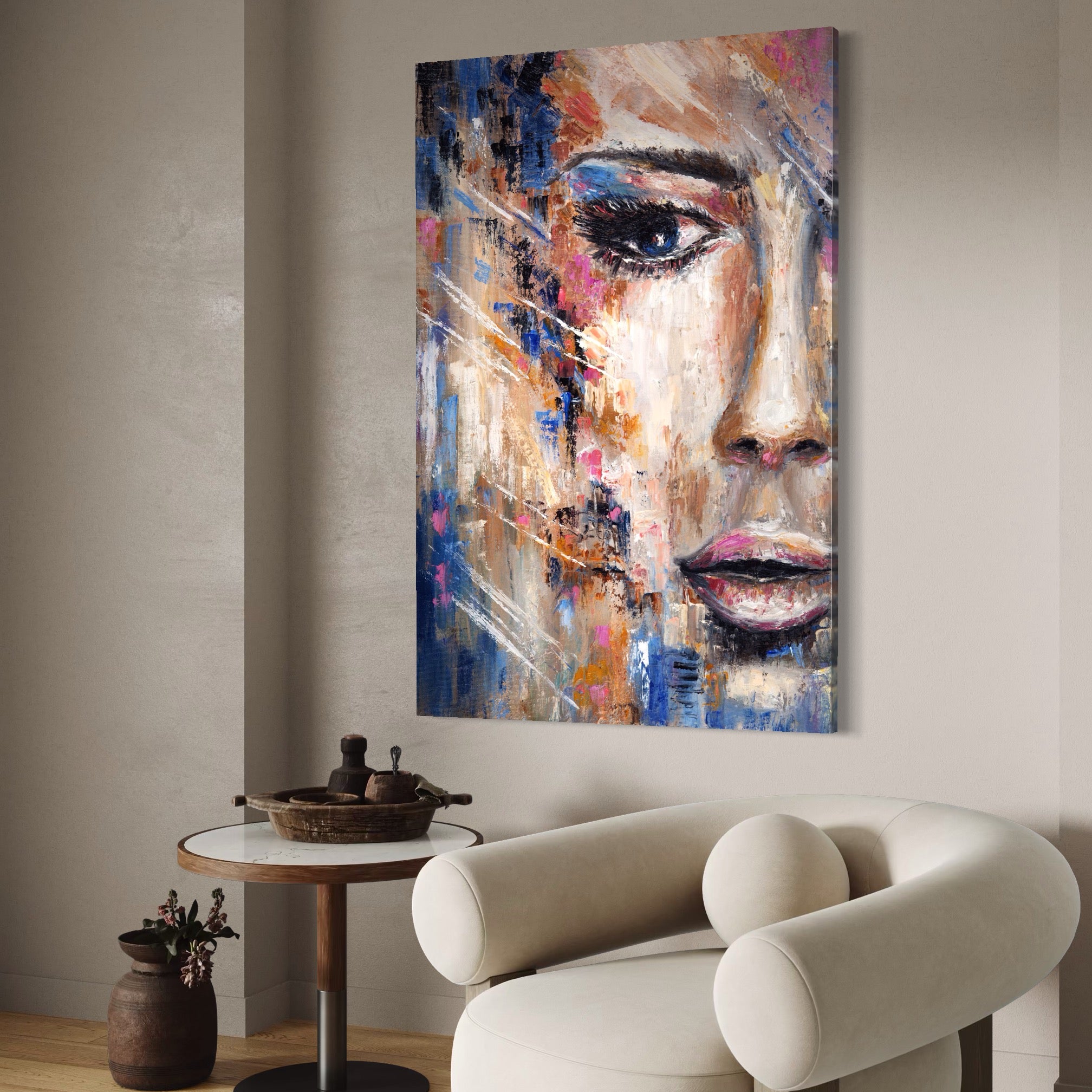 Tablou Canvas Premium LuxCanva® A1363, Portret Albastru , Living, Femeie, Chip, Multicolor, Frumusete, Dormitor, Culori Vibrante