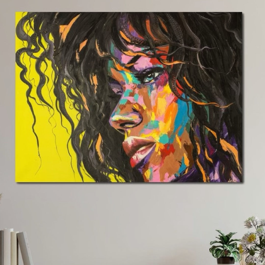 Tablou Canvas Premium, LuxCanva® GL1066, Portet in Lumini, Rebela, Par, Cret, Expresie, Magnetism, Cromatic, Hipnotic, Femeie, Arta, Living, Dormitor