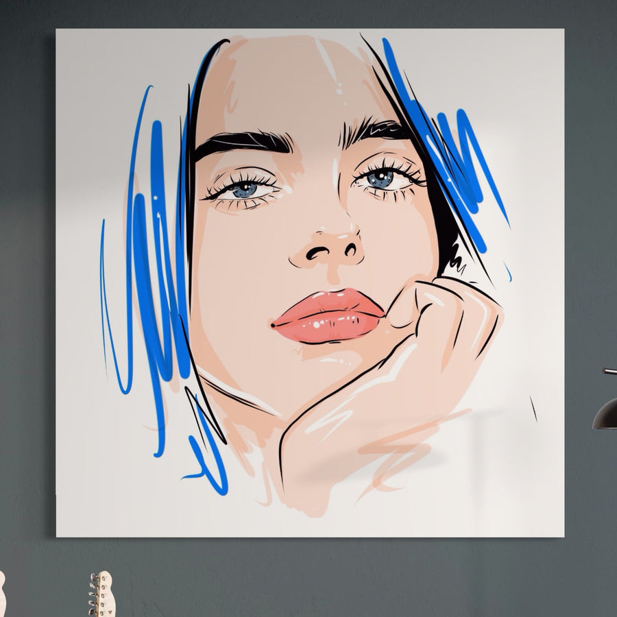 Tablou Canvas Premium LuxCanva® A1366 "Girl In Love", cu față visătoare, culori vibrante și accente albastre, este perfect pentru living sau dormitor modern, aducând iubire și stil contemporan oricărui spațiu.