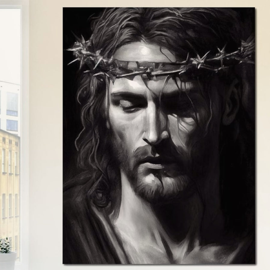 Tabloul LuxCanva® Tablou Canvas Premium H1001, "Durere si Speranta", îl prezintă pe Iisus cu o coroană de spini și capul plecat, simbolizând sacrificiul și speranța - perfect pentru sufragerii sau dormitoare.