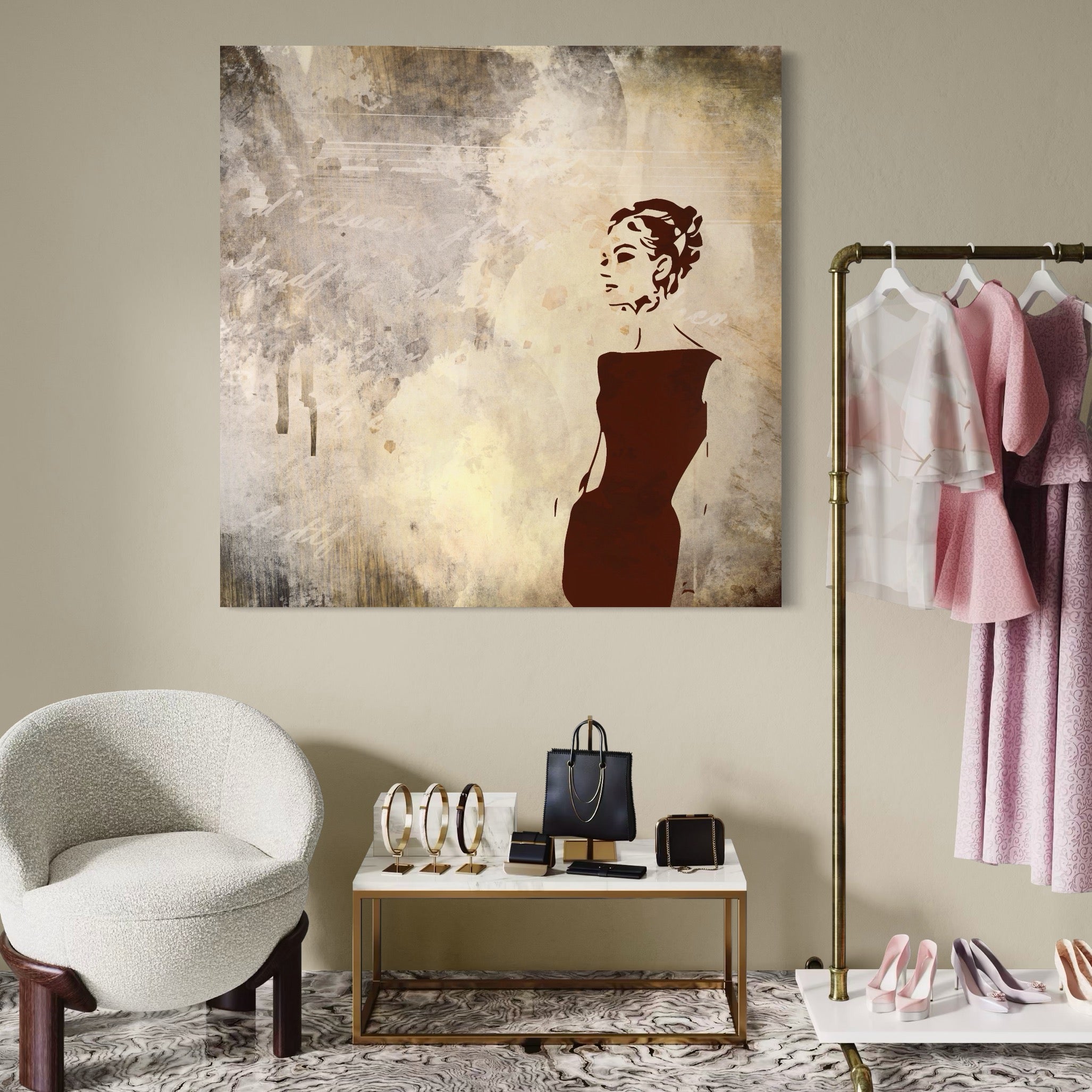 Tablou Canvas Premium LuxCanva® A1373, Lady In Black ,  Dormitor, Femeie, Senzualitate, Rochie Neagra, Dressing, Culori Vibrante