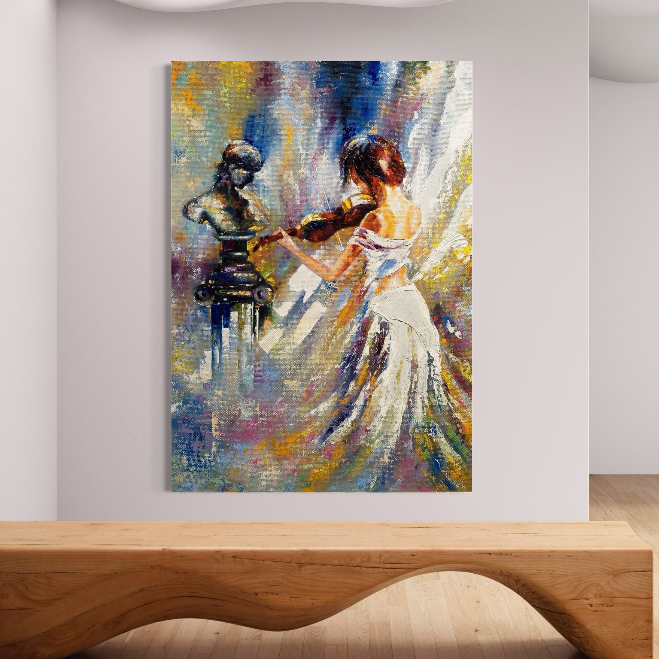 Tablou Canvas Premium LuxCanva® A1374, Fata Cu Vioara , Dormitor, Femeie, Instrument, Muzica, Statuie, Dressing, Culori Vibrante