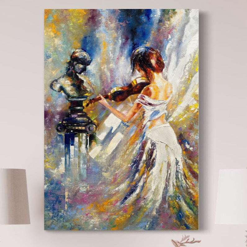 Tablou Canvas Premium LuxCanva® A1374, Fata Cu Vioara , Dormitor, Femeie, Instrument, Muzica, Statuie, Dressing, Culori Vibrante