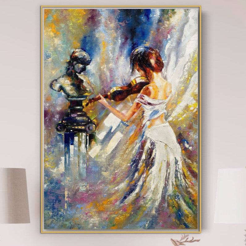 Leinwandbilder Premium LuxCanva® A1374, Mädchen mit Geige, Schlafzimmer, Frau, Schlafzimmer, Instrument, Musik, Statue, Ankleide, leuchtende Farben