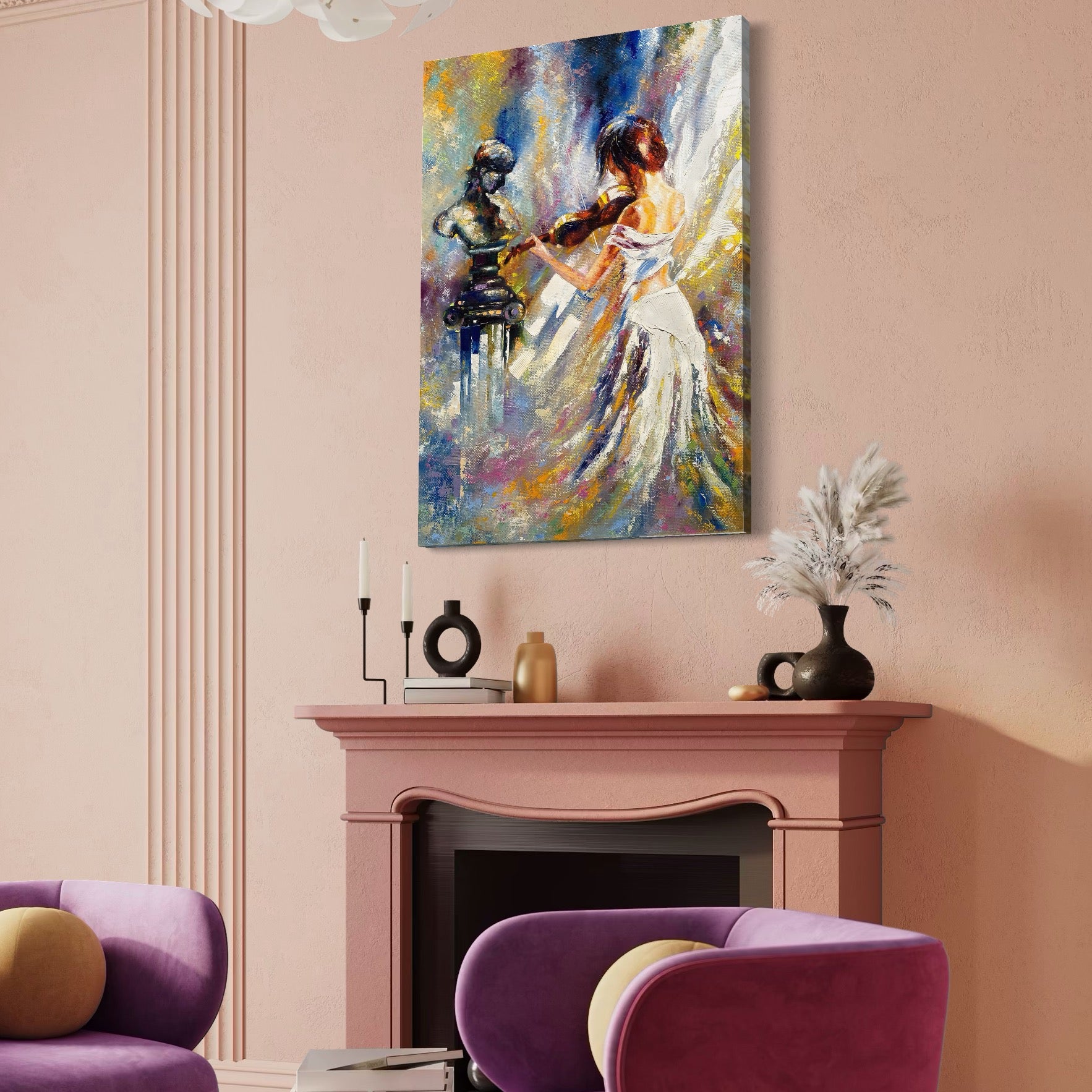 Tablou Canvas Premium LuxCanva® A1374, Fata Cu Vioara , Dormitor, Femeie, Instrument, Muzica, Statuie, Dressing, Culori Vibrante