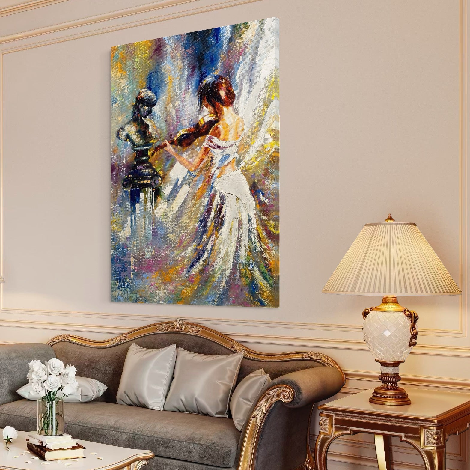 Tablou Canvas Premium LuxCanva® A1374, Fata Cu Vioara , Dormitor, Femeie, Instrument, Muzica, Statuie, Dressing, Culori Vibrante