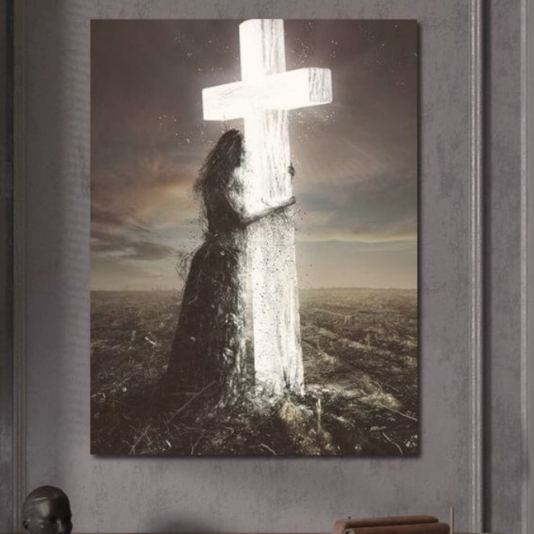 Tablou Canvas Premium LuxCanva® H1013, Imbratisarea Divinitatii , Cruce, Lumina, Mangaiere, Imbratisare, Salvare, Iubire, Putere, Living, Dormitor