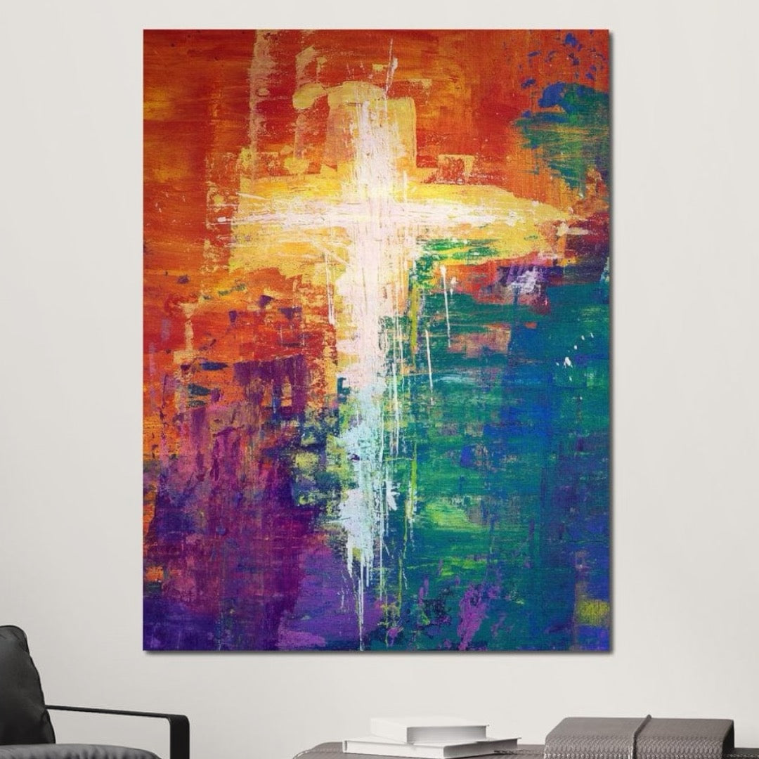 Tablou Canvas Premium LuxCanva® H1014, Lumina Divina in Culori , Lumina, Culori, Credinta, Cruce, Divinitate, Emotie, Simbol, Inspiratie, Living