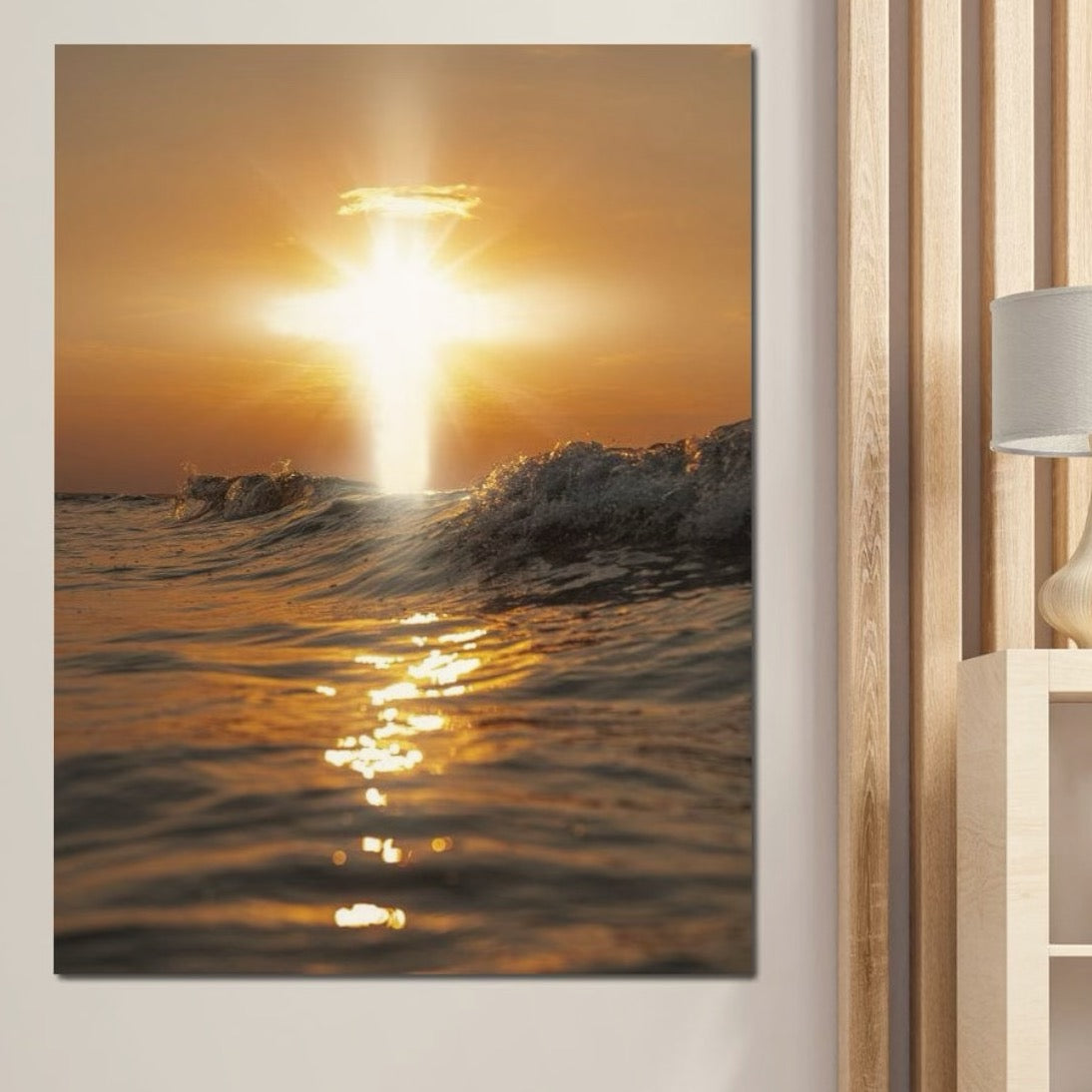 Tablou Canvas Premium LuxCanva® H1019 Lumina Sfanta pe Ape , Apus, Cruce, Spritual, Valuri, Pace, Suflet, Ocean, Credinta, Speranta, Living, Dormitor