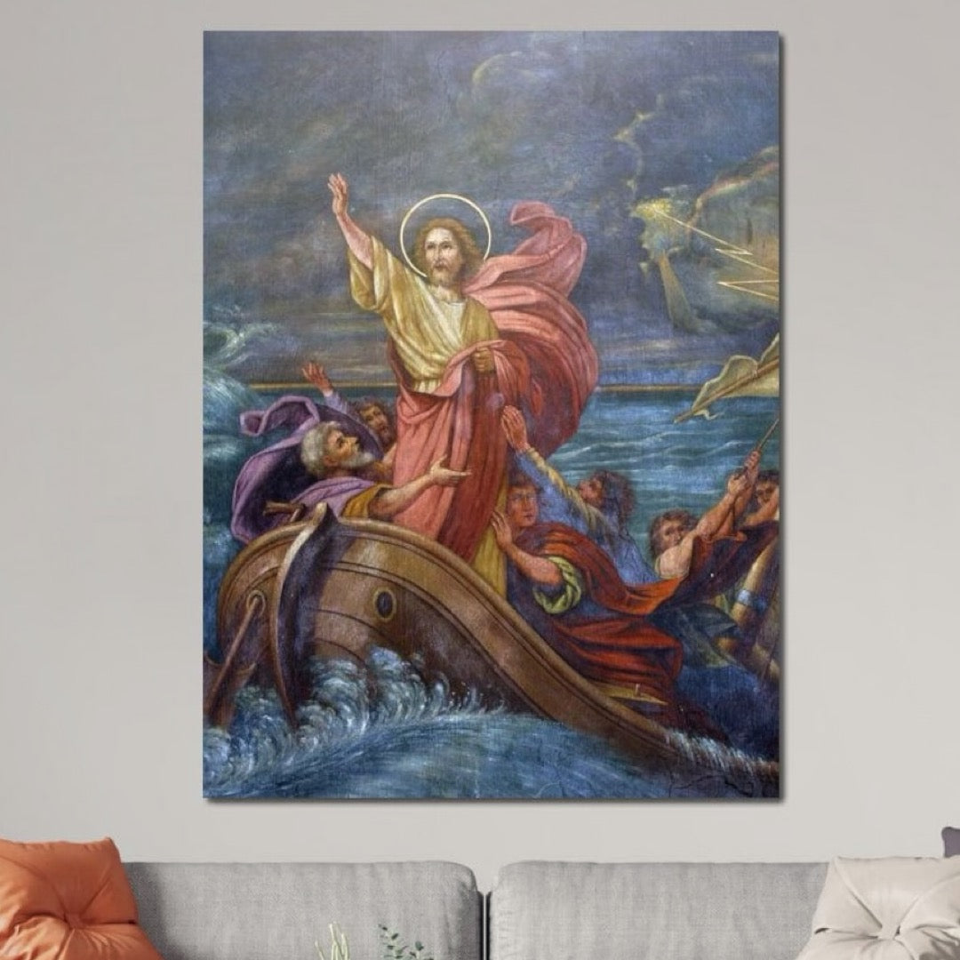 Tablou Canvas Premium LuxCanva® H1022 Mantuitorul pe Ape , Valuri, Iisus, Furtuna, Calauza, Salvare, Biruinta, Rugaciune, Credinta, Living, Dormitor