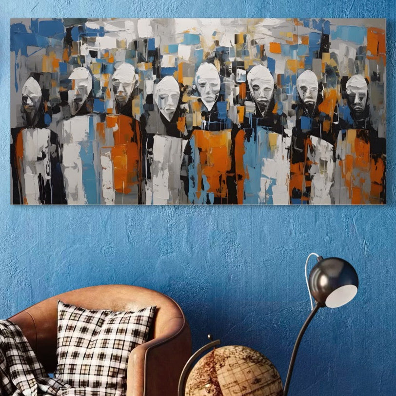 Tablou Canvas Premium A1380 de la LuxCanva®, cu fețe abstracte vibrante și stil modern, decorează un perete albastru deasupra unei perne în carouri pe un scaun maro, adăugând fler artistic camerei de zi sau dormitorului dvs.