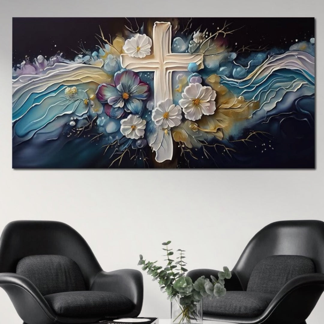 Tablou Canvas Premium LuxCanva® H1027 Credinta Prin Cruce Florala ,  Multicolor, Cruce, Flori, Divin, Liniste, Creatie, Credinta, Naturalete, Living