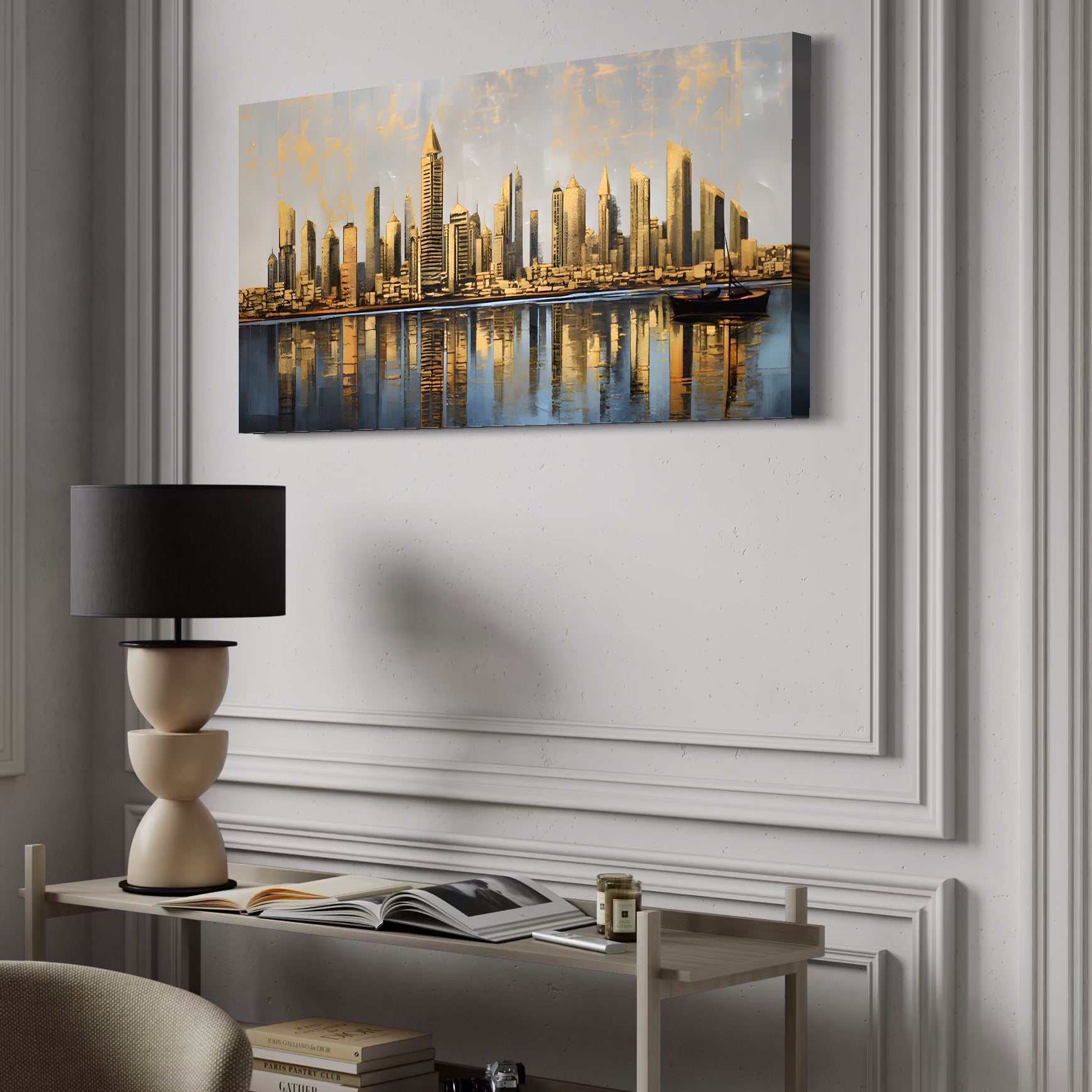 Tablou Canvas Premium LuxCanva® A1383, Oras In Oglinda , Living, Cladiri, Reflexie, Dormitor, Culori Vibrante