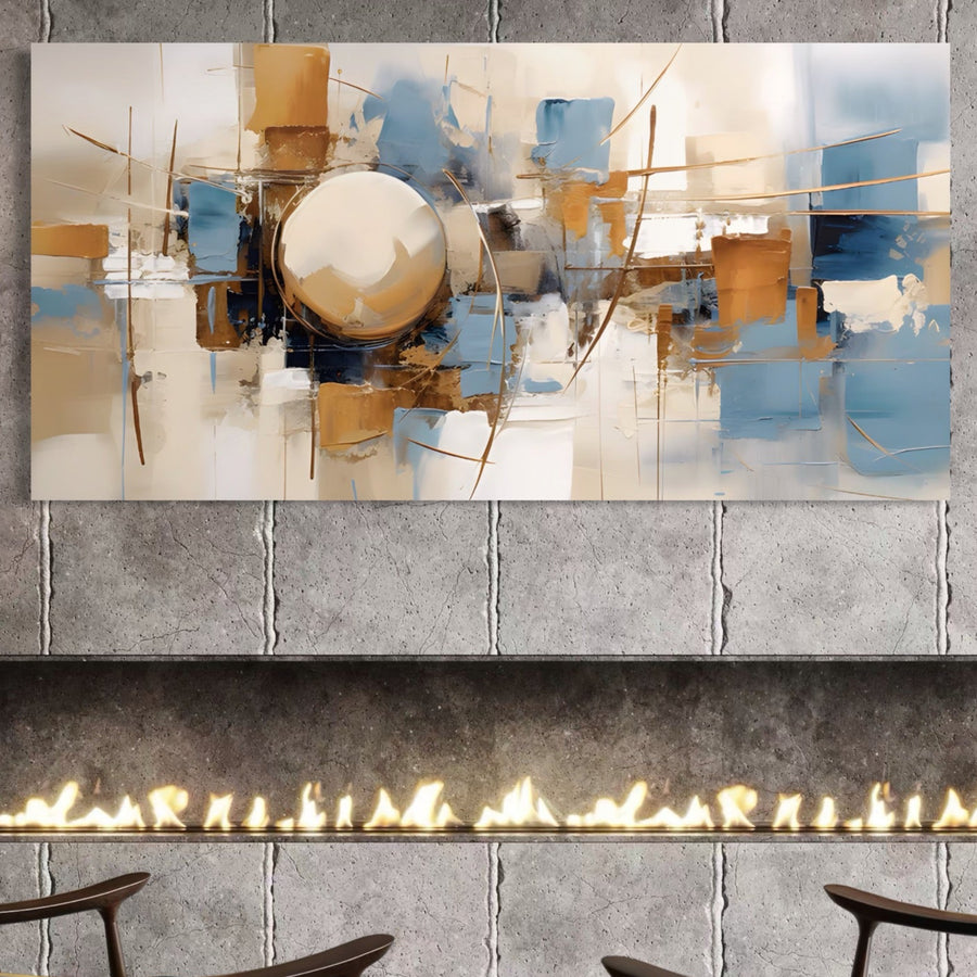 Un living modern are un perete de piatră gri cu un șemineu elegant sub Tablou Canvas Premium LuxCanva® LuxCanva® A1389, Sfera - o operă de artă abstractă vibrantă, geometrică, cu o sferă metalică centrală în albastru, alb, bej și auriu.