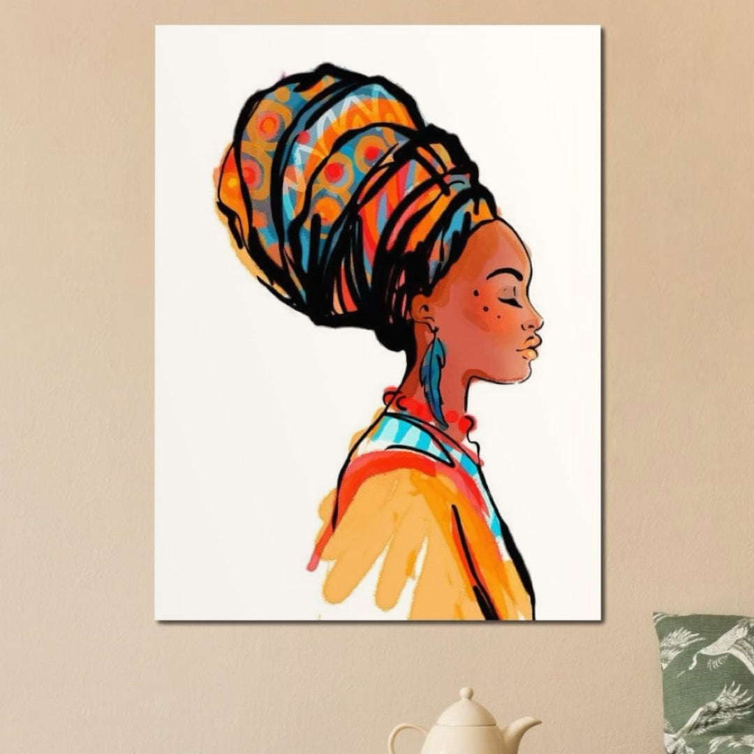 Tablou Canvas Premium, LuxCanva® G1075, Profilul Femeii Africane , Chip, Afro, Turban, Profil, Feminin, Gratie, Regalitate, Africa, Living, Dormitor