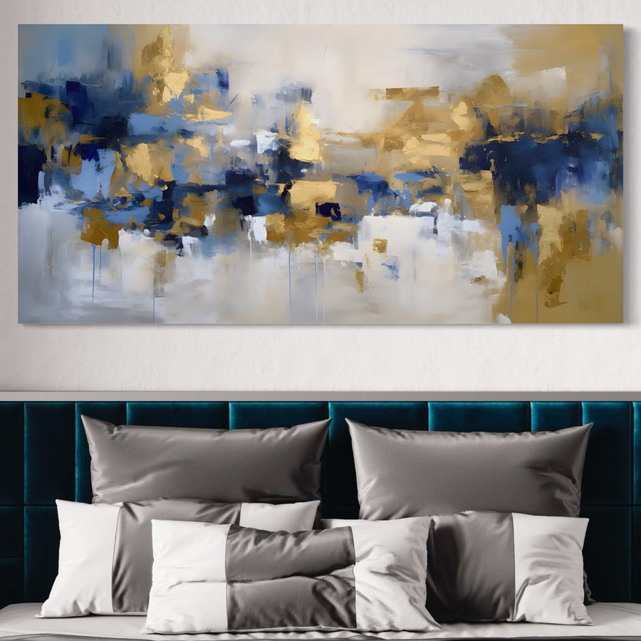 Tablou Canvas Premium LuxCanva® A1392, cu artă abstractă în tonuri de auriu, albastru și alb, ideal pentru dormitor sau living, oferă un decor elegant și vibrant pe pânză bumbac premium de la LuxCanva®.