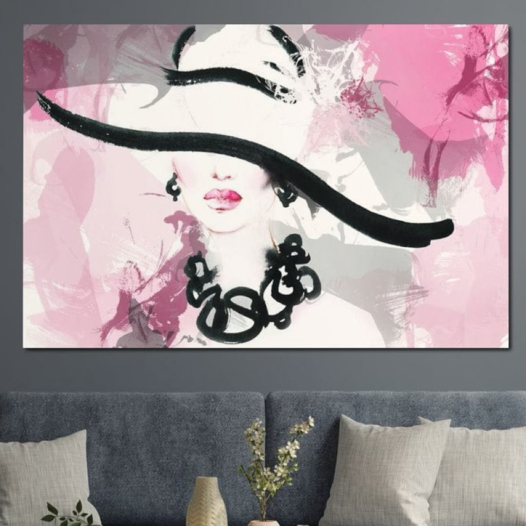 Tablou Canvas Premium, LuxCanva® G1083, Chic si Elegant, Palarie, Accesoriu, Colier, Roz, Sofisticata, Stil, Fashion, Lady, Bijuterie, Living, Dormitor