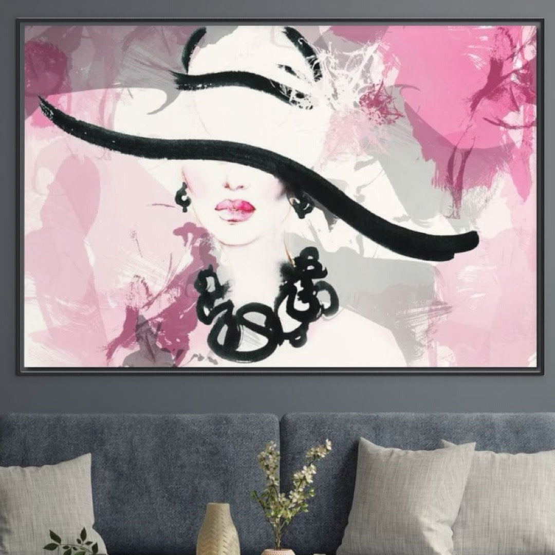 Leinwand Premium Leinwand Wandbild, LuxCanva® G1083, Schick und Elegant, Hüte, Accessoire, Halskette, Rosa, Anspruchsvoll, Stil, Mode, Mode, Dame, Schmuck, Wohnen, Schlafzimmer