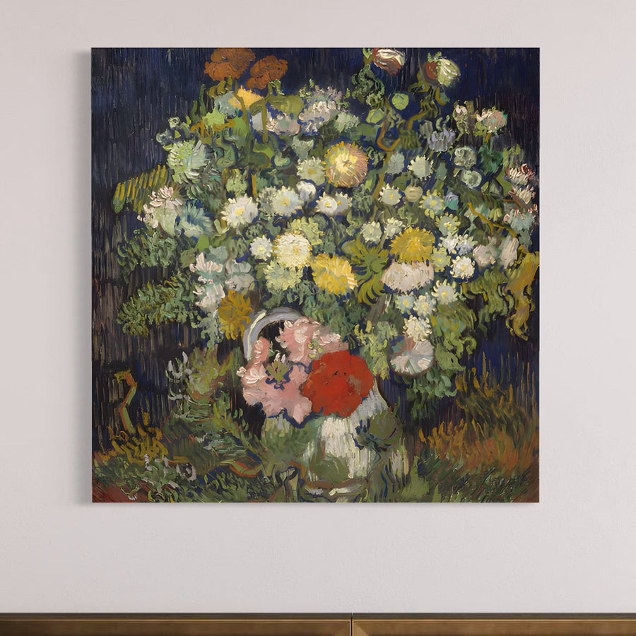 Luminează-ți casa cu Tablou Canvas Premium LuxCanva® A1397 - cu crizanteme vibrante într-o vază, culori vii și un fundal închis. Perfect ca artă pe pânză premium pentru camera dvs. de zi de la LuxCanva®.